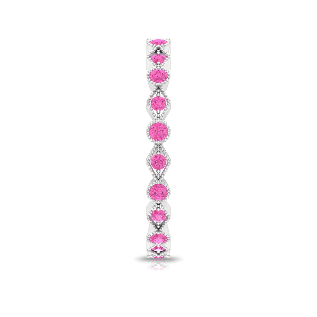 Pink sapphire stackable eternity ring with beaded shank from Rosec Jewels, showcasing a row of pink sapphires on a beaded band.