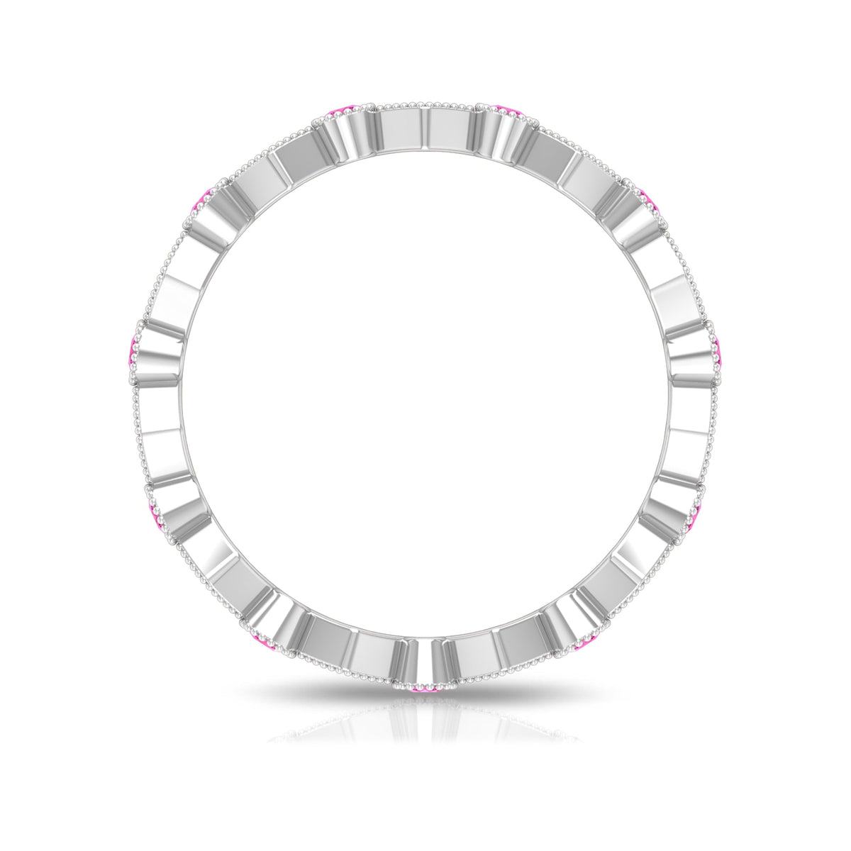 Pink sapphire stackable eternity ring with beaded shank from Rosec Jewels, showcasing vibrant pink sapphires and intricate beaded details.