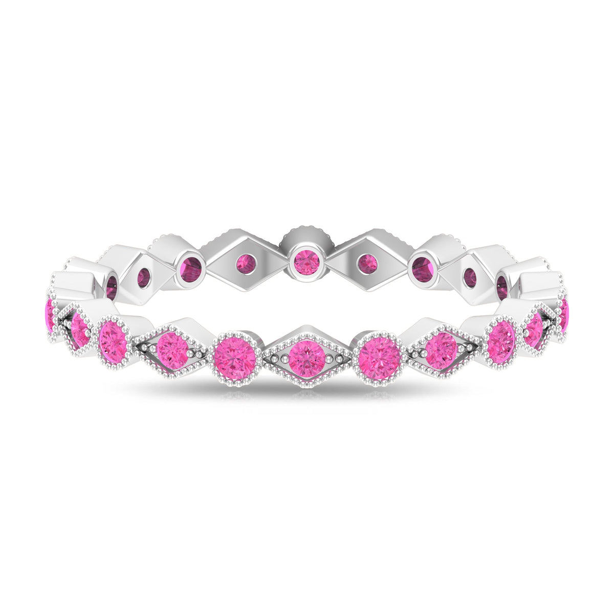 Stackable pink sapphire eternity ring with beaded shank from Rosec Jewels, showcasing a row of vibrant pink sapphires and intricate beaded detailing.