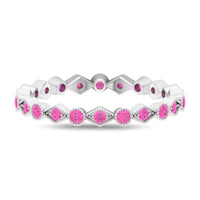 Stackable pink sapphire eternity ring with beaded shank from Rosec Jewels, showcasing a row of vibrant pink sapphires and intricate beaded detailing.