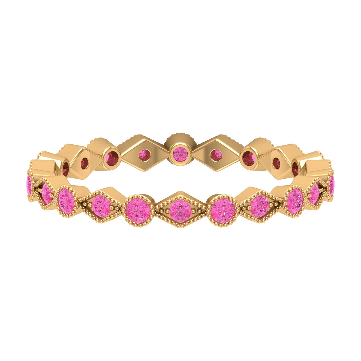 Pink sapphire stackable eternity ring with beaded shank from Rosec Jewels, showcasing vibrant pink sapphires and detailed beaded design.