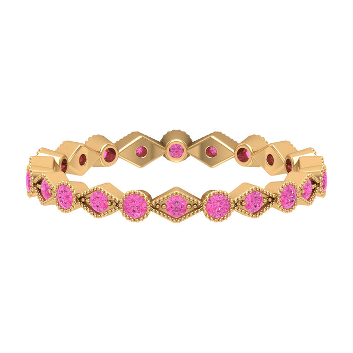 Pink sapphire stackable eternity ring with beaded shank from Rosec Jewels, showcasing vibrant pink sapphires and detailed beaded design.