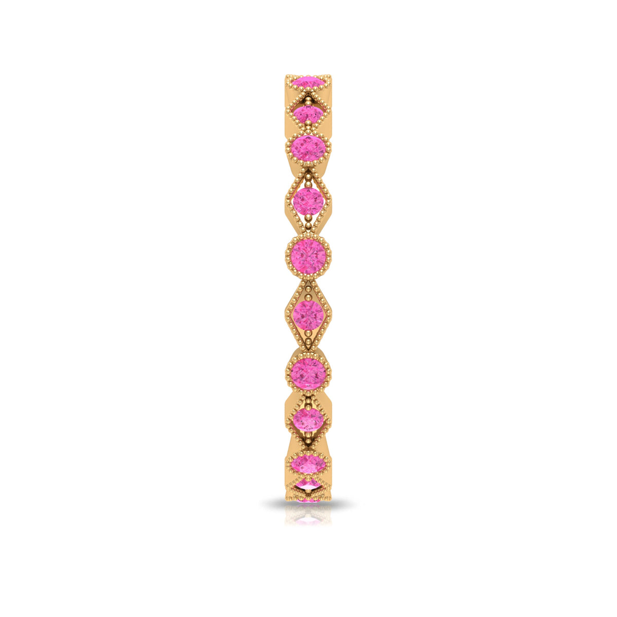 Pink sapphire stackable eternity ring with beaded shank from Rosec Jewels, featuring a row of pink sapphires on a beaded band.