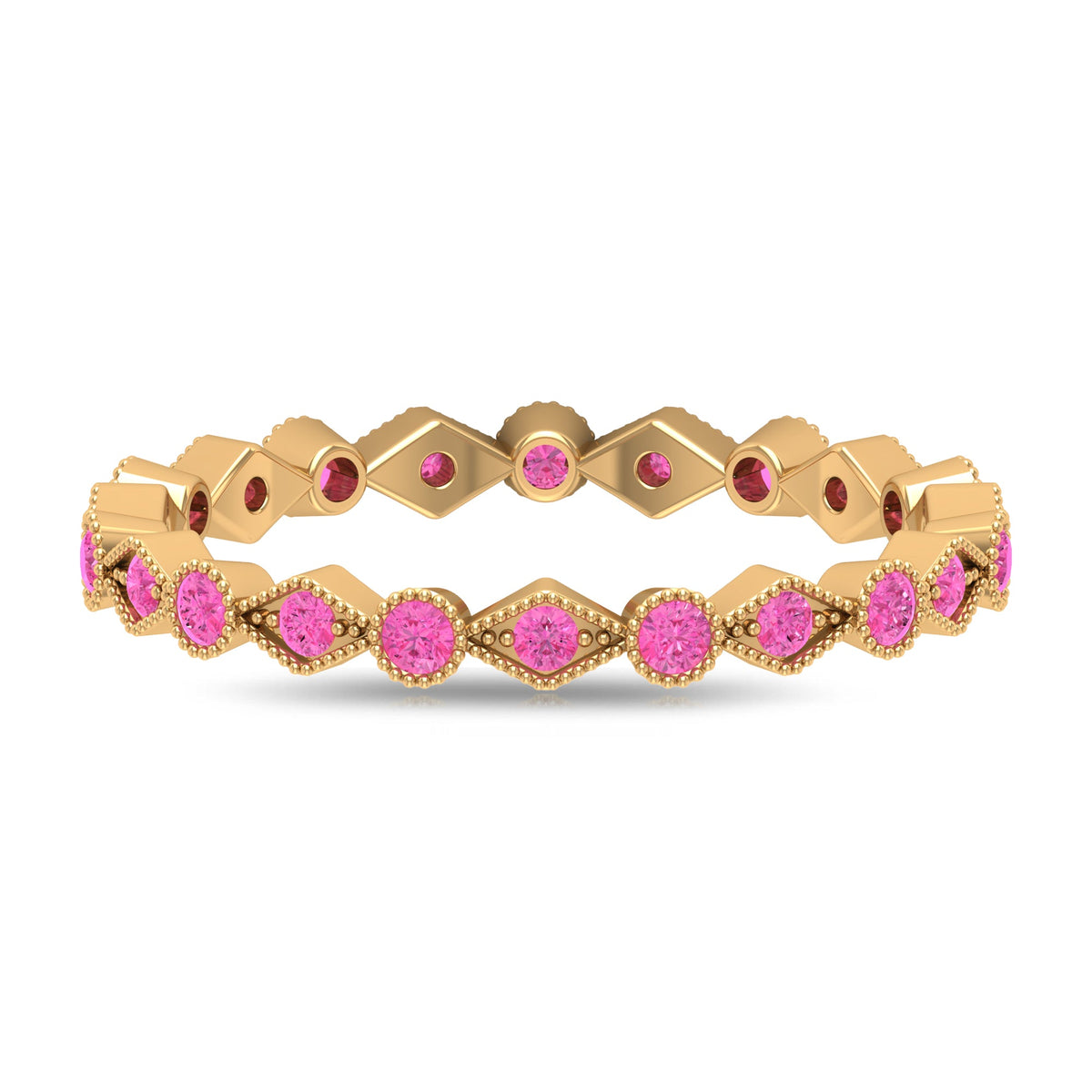 Pink sapphire stackable eternity ring with beaded shank by Rosec Jewels, showcasing vibrant pink sapphires and intricate beaded detailing.