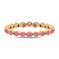 Pink sapphire stackable eternity ring with beaded shank by Rosec Jewels, showcasing vibrant pink sapphires and intricate beaded detailing.