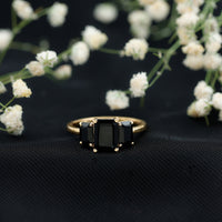 Emerald Cut Black Onyx Three Stone Engagement Ring