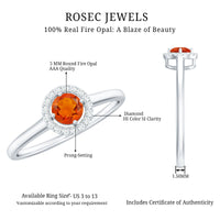 Natural Fire Opal Promise Ring with Diamond Halo