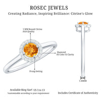 Certified Natural Citrine Promise Ring with Diamond Halo