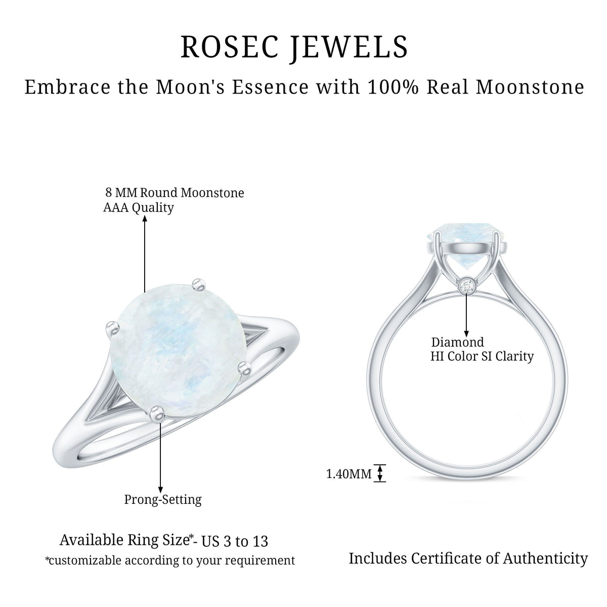 Natural moonstone solitaire ring with a surprise diamond accent, featuring a polished band and elegant design from Rosec Jewels.