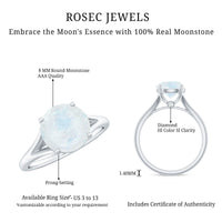 Natural moonstone solitaire ring with a surprise diamond accent, featuring a polished band and elegant design from Rosec Jewels.