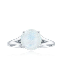 Natural moonstone solitaire ring with a surprise diamond accent, featuring a sleek band from Rosec Jewels.