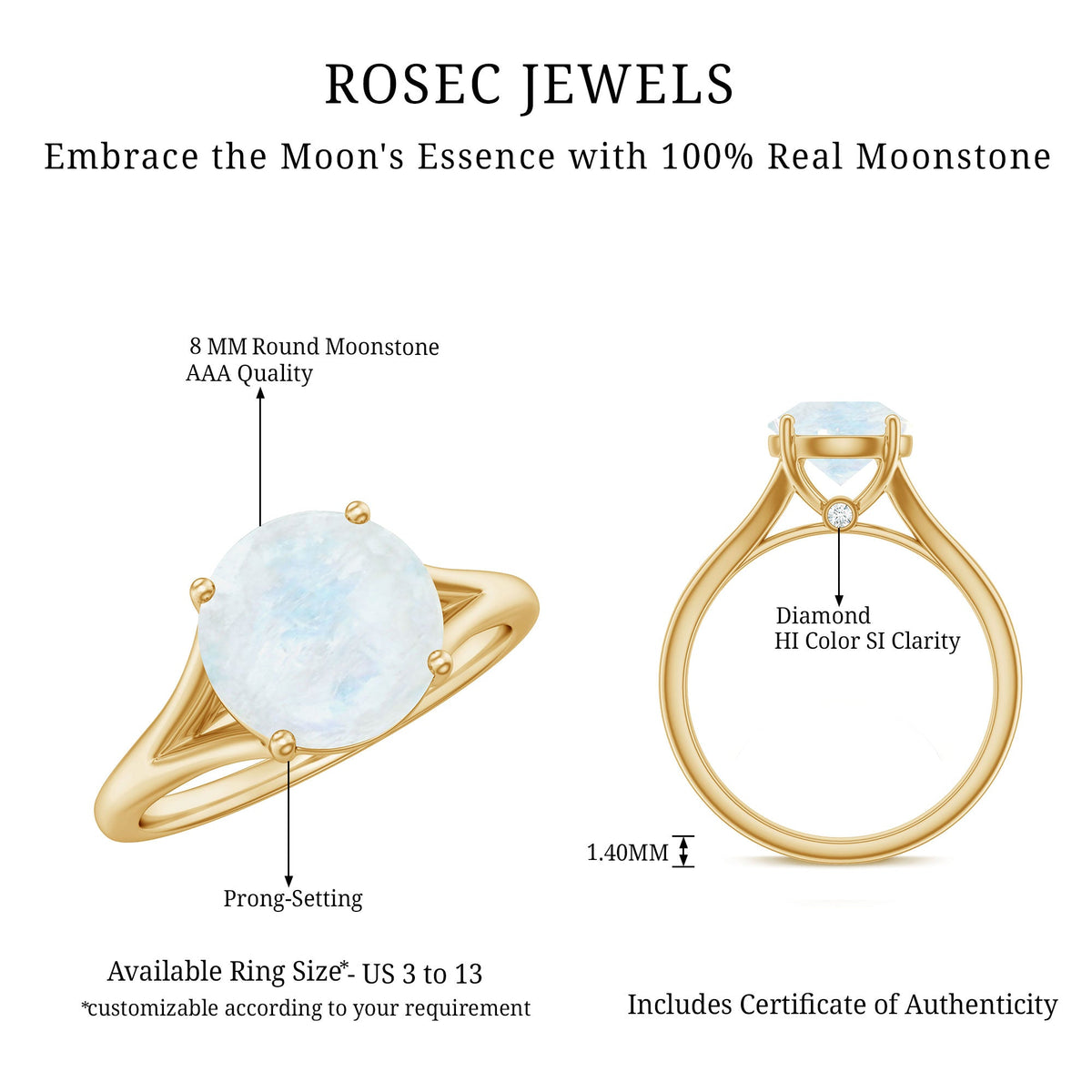 Natural moonstone solitaire ring with a hidden diamond accent, crafted by Rosec Jewels, featuring a smooth band and elegant design.