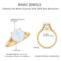 Natural moonstone solitaire ring with a hidden diamond accent, crafted by Rosec Jewels, featuring a smooth band and elegant design.