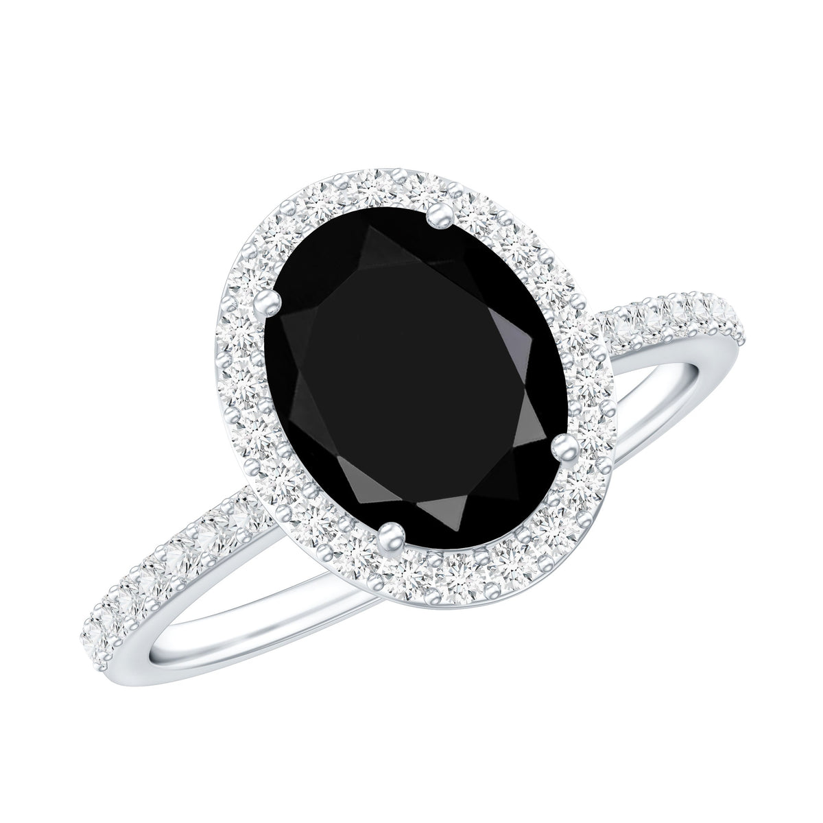 Lab grown black and white diamond oval engagement ring with halo, crafted by Rosec Jewels, featuring sparkling stones and intricate design.