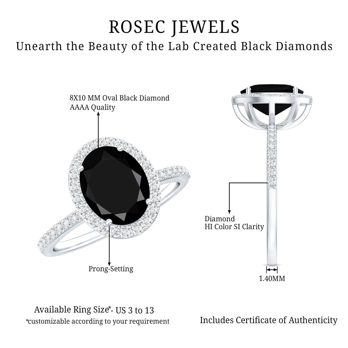 Lab grown black and white diamond oval engagement ring with halo by Rosec Jewels, showcasing intricate design and sparkling stones.