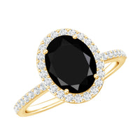 Lab-grown black and white diamond oval engagement ring with halo, Rosec Jewels, showcasing intricate design and sparkling stones.