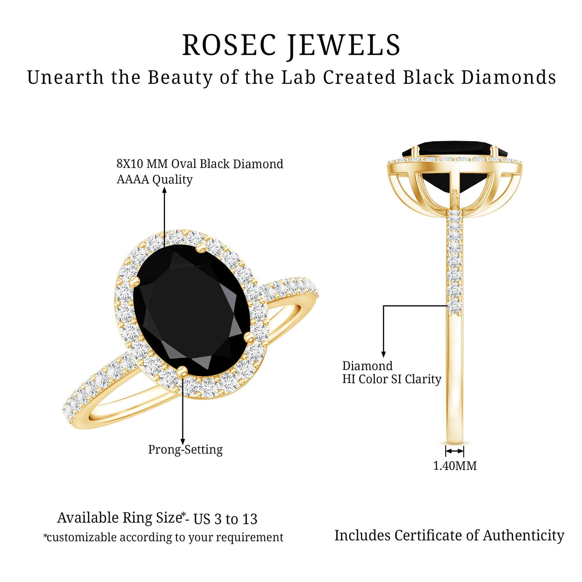 Oval lab-grown black and white diamond engagement ring with halo setting by Rosec Jewels, showcasing sparkling stones and intricate design.
