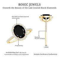 Oval lab-grown black and white diamond engagement ring with halo setting by Rosec Jewels, showcasing sparkling stones and intricate design.