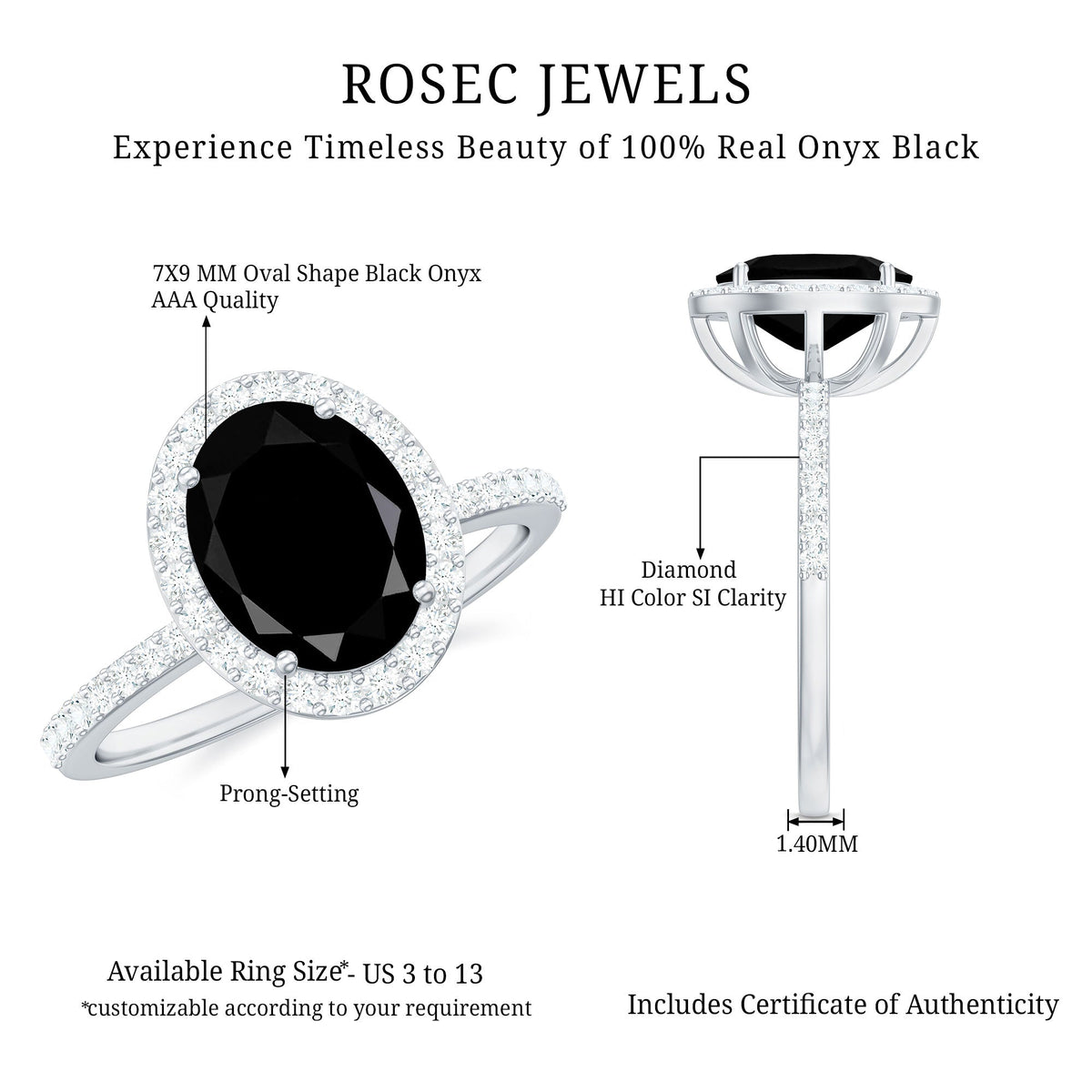 7X9mm Oval Cut Black Onyx Diamond Engagement Ring with Certificate