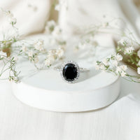 7X9mm Oval Cut Black Onyx Diamond Engagement Ring with Certificate