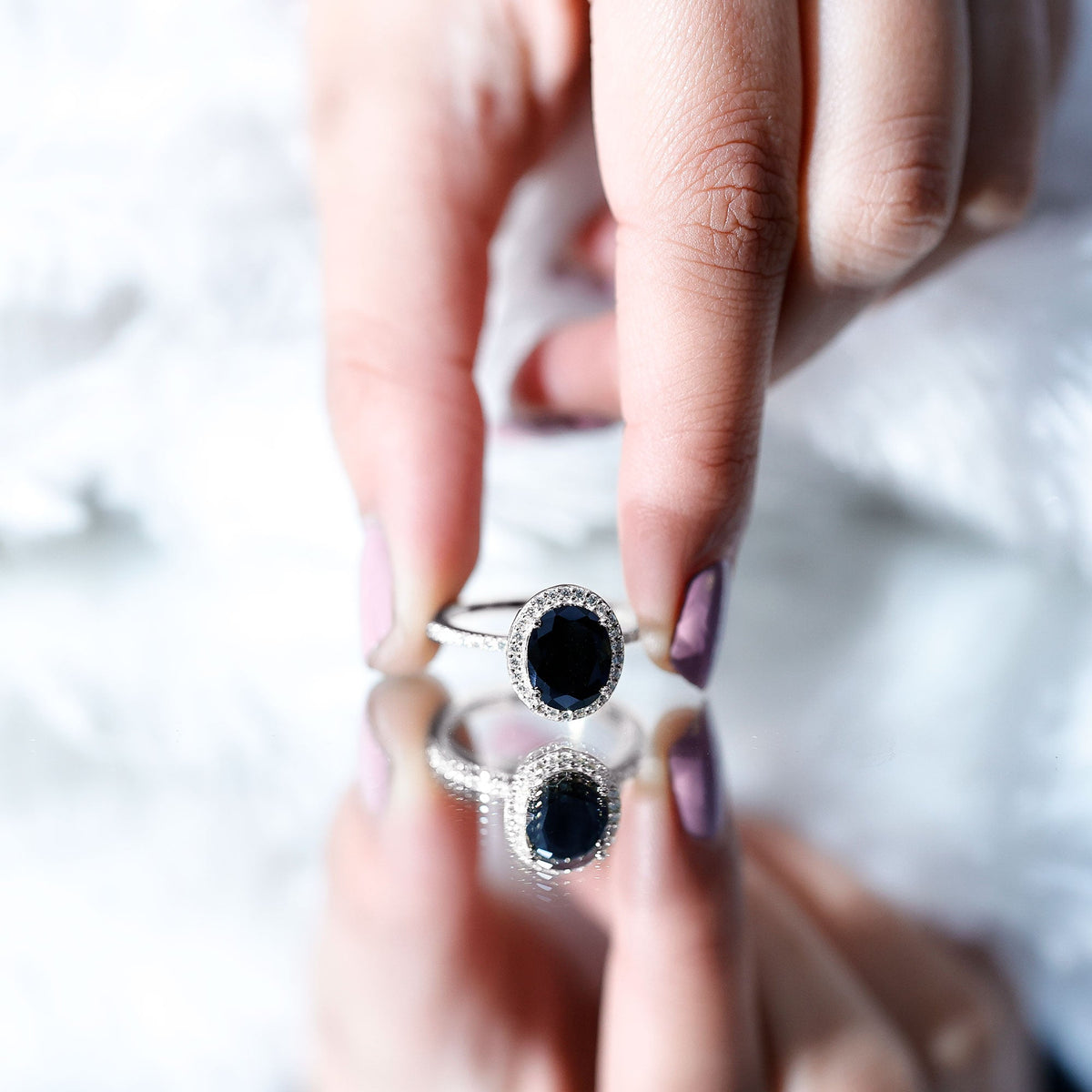 7X9mm Oval Cut Black Onyx Diamond Engagement Ring with Certificate