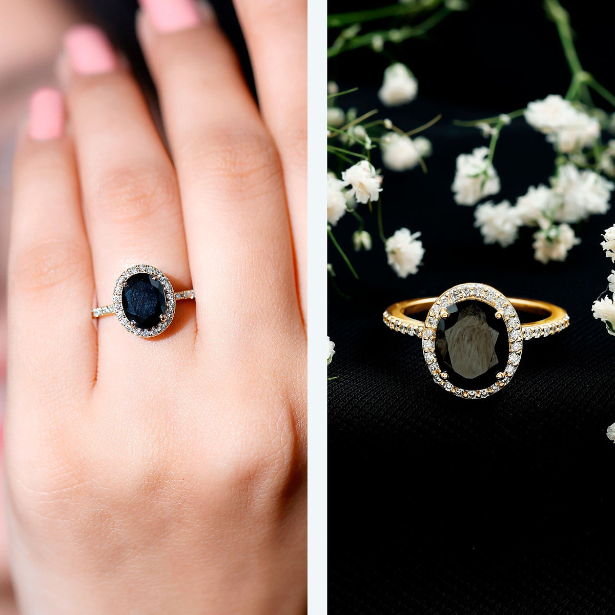 7X9mm Oval Cut Black Onyx Diamond Engagement Ring with Certificate