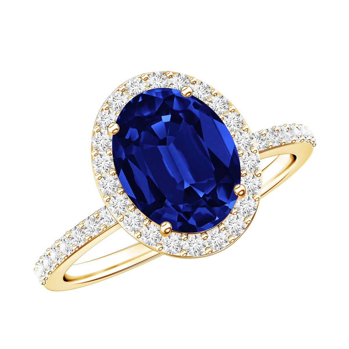 4 Carat Lab Grown Blue Sapphire Oval Engagement Ring with Diamond Halo