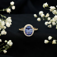 4 Carat Lab Grown Blue Sapphire Oval Engagement Ring with Diamond Halo