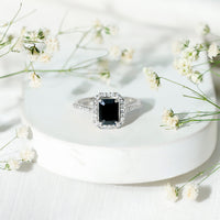 1.6 Carat Lab Grown Black and White Diamond Emerald Cut Engagement Ring with Halo