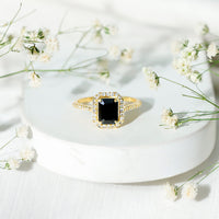 1.6 Carat Lab Grown Black and White Diamond Emerald Cut Engagement Ring with Halo