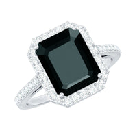 3.4 Carat Lab Grown Black Diamond Emerald Cut Engagement Ring with White Diamond Halo