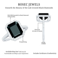 3.4 Carat Lab Grown Black Diamond Emerald Cut Engagement Ring with White Diamond Halo