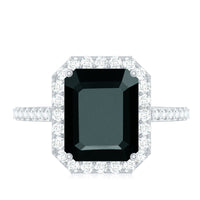 3.4 Carat Lab Grown Black Diamond Emerald Cut Engagement Ring with White Diamond Halo