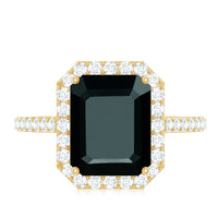 3.4 Carat Lab Grown Black Diamond Emerald Cut Engagement Ring with White Diamond Halo