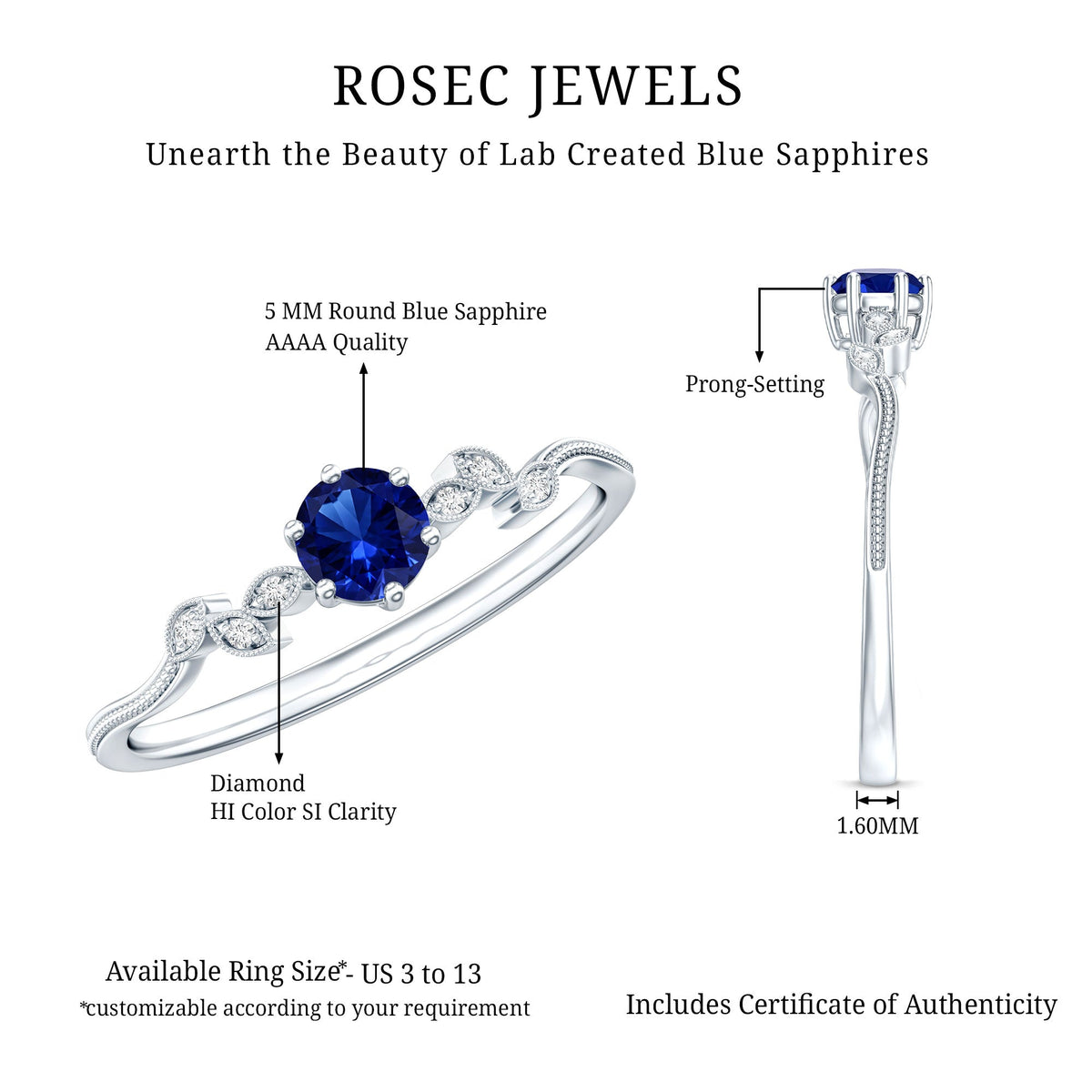 Certified 0.6 Carat Lab Grown Blue Sapphire Flower Promise Ring with Diamond