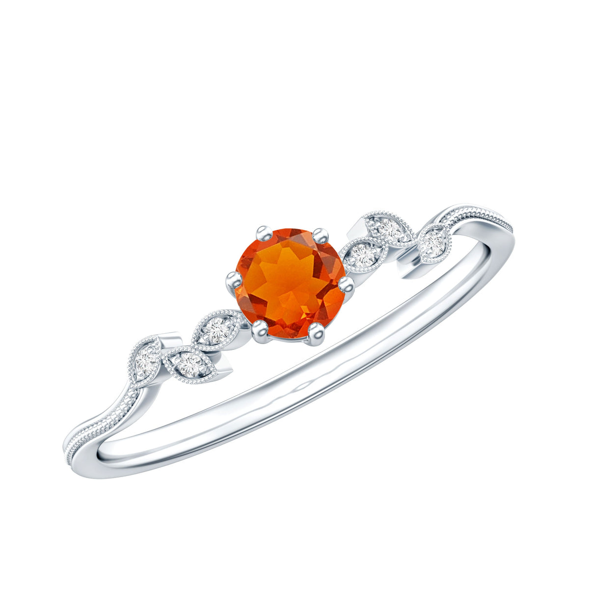 Round fire opal leaf promise ring with diamond accents, featuring a delicate design by Rosec Jewels.