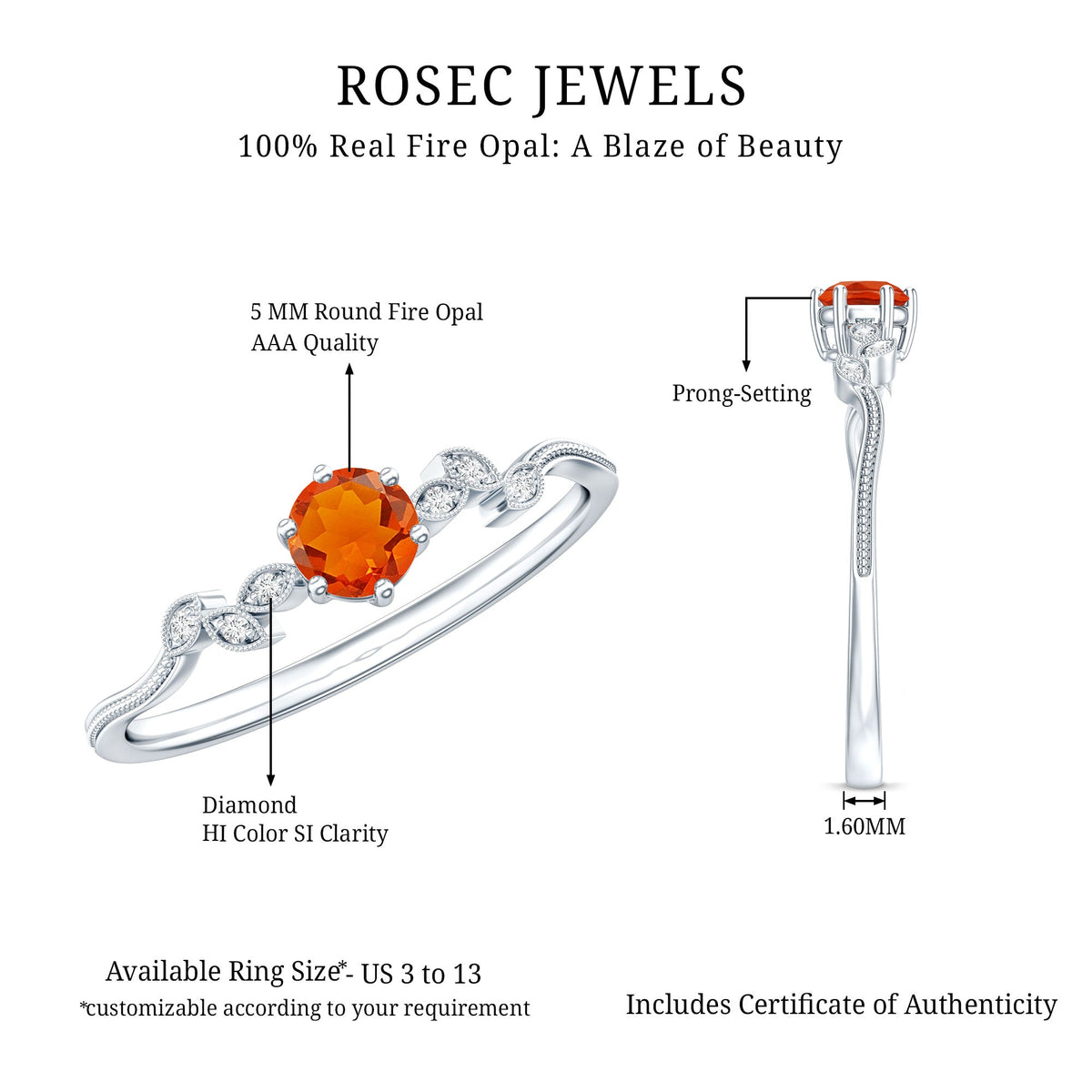 Round fire opal leaf promise ring with diamond accents, crafted by Rosec Jewels, featuring a detailed leaf design and vibrant gemstone.