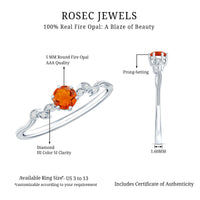 Round fire opal leaf promise ring with diamond accents, crafted by Rosec Jewels, featuring a detailed leaf design and vibrant gemstone.