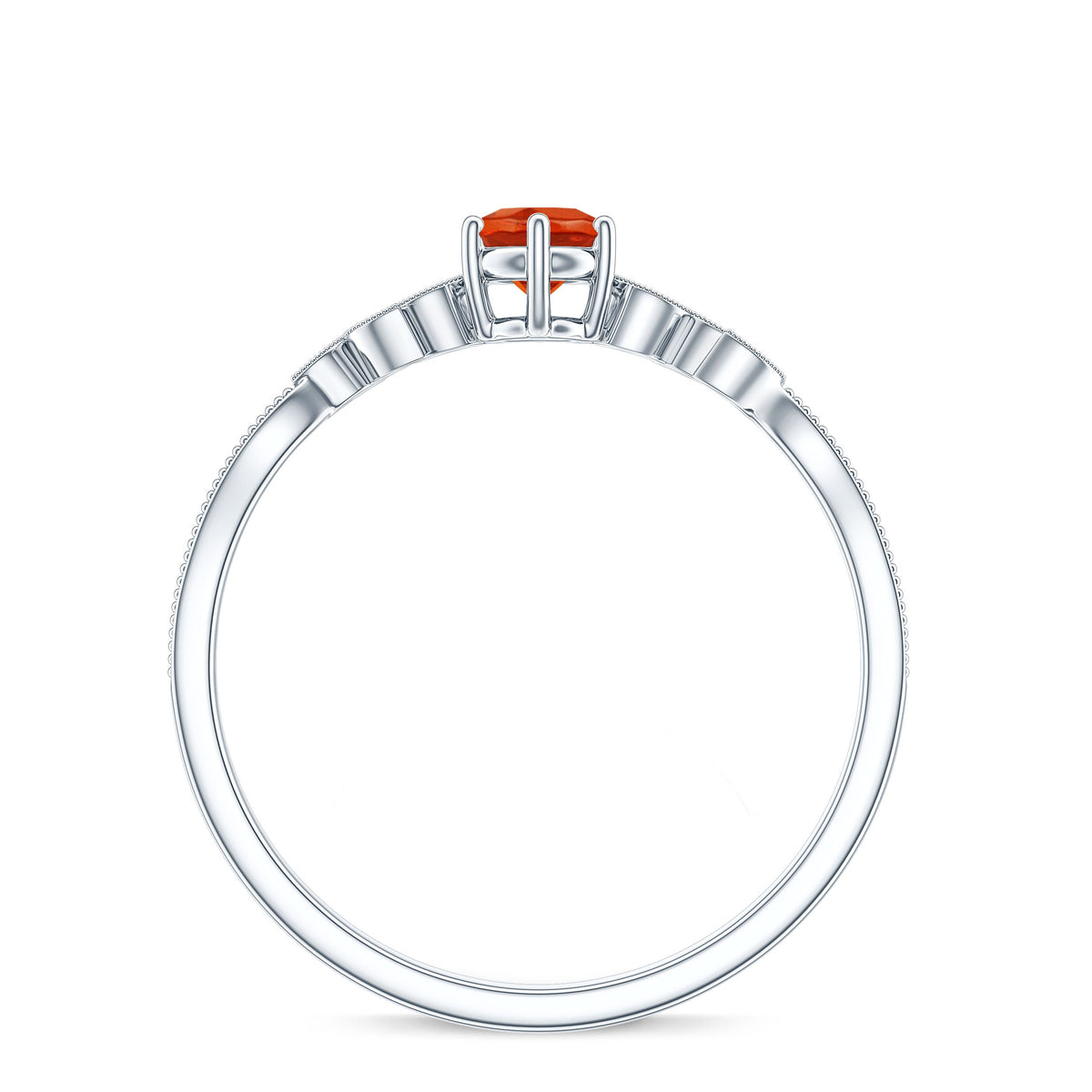 Round fire opal leaf promise ring with diamond accents from Rosec Jewels, showcasing a delicate gold band and vibrant gemstone.