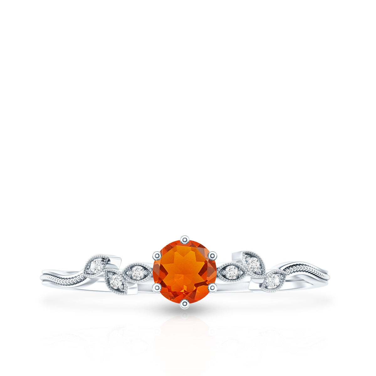 Round fire opal leaf promise ring with diamond accents by Rosec Jewels, showcasing intricate leaf design and vibrant gemstone.