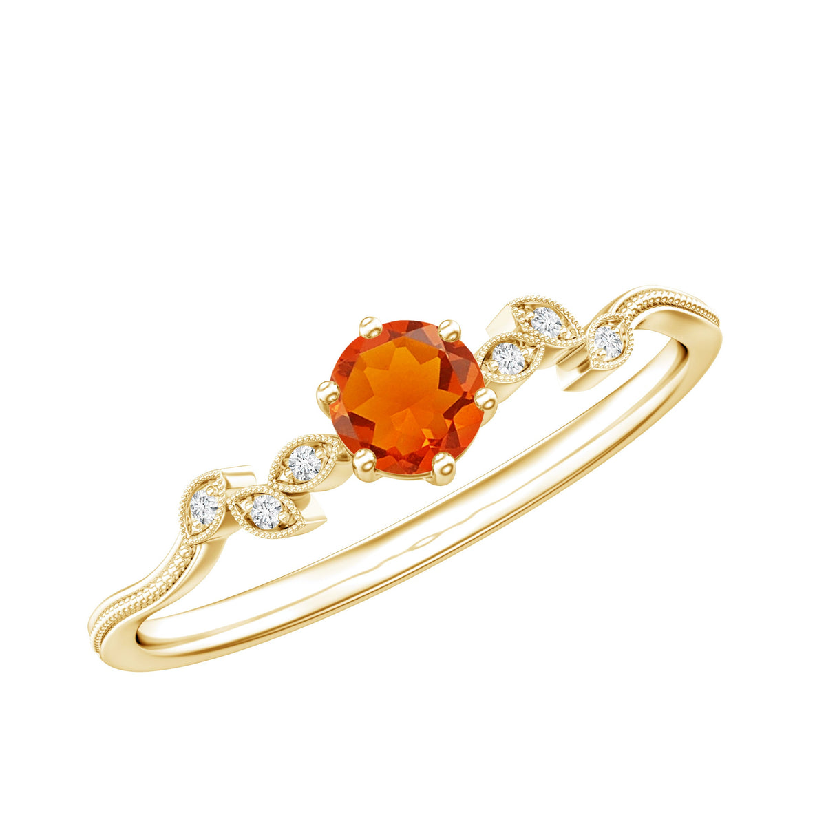 Round fire opal leaf promise ring with diamond accents, crafted by Rosec Jewels, featuring a delicate leaf design and vibrant gemstone.
