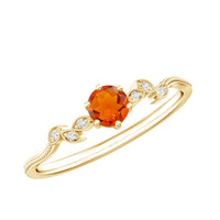 Round fire opal leaf promise ring with diamond accents, crafted by Rosec Jewels, featuring a delicate leaf design and vibrant gemstone.