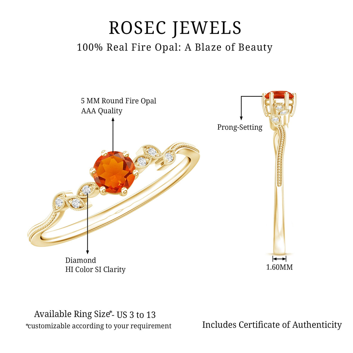 Round fire opal leaf promise ring with diamond accents by Rosec Jewels, featuring a detailed leaf design and vibrant gemstone.