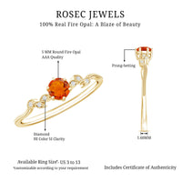 Round fire opal leaf promise ring with diamond accents by Rosec Jewels, featuring a detailed leaf design and vibrant gemstone.