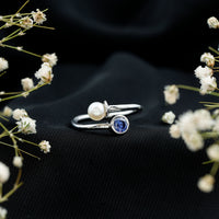 Lab Created Blue Sapphire and Pearl Toi Et Moi Ring