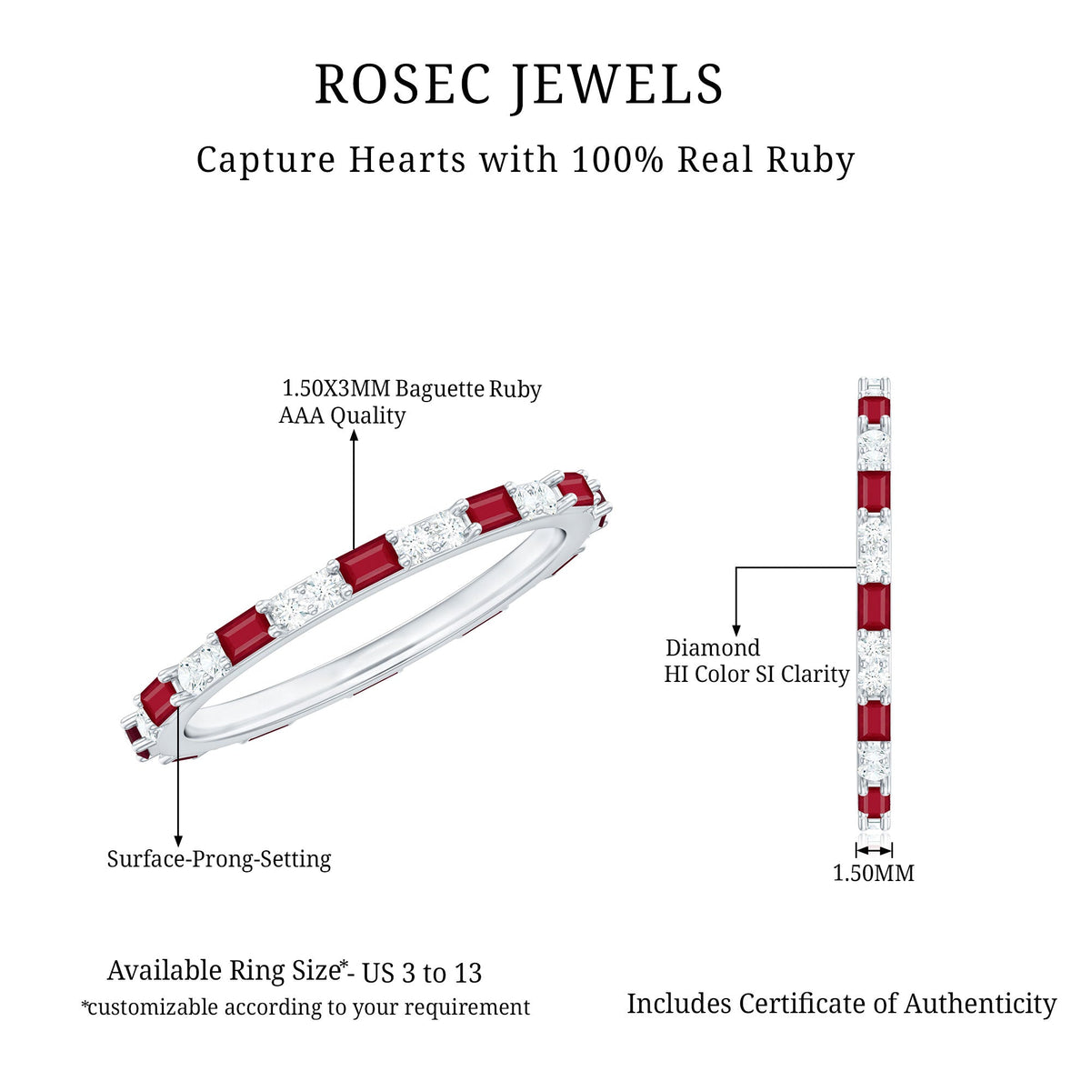 Genuine Baguette Ruby Diamond Eternity Ring for Women