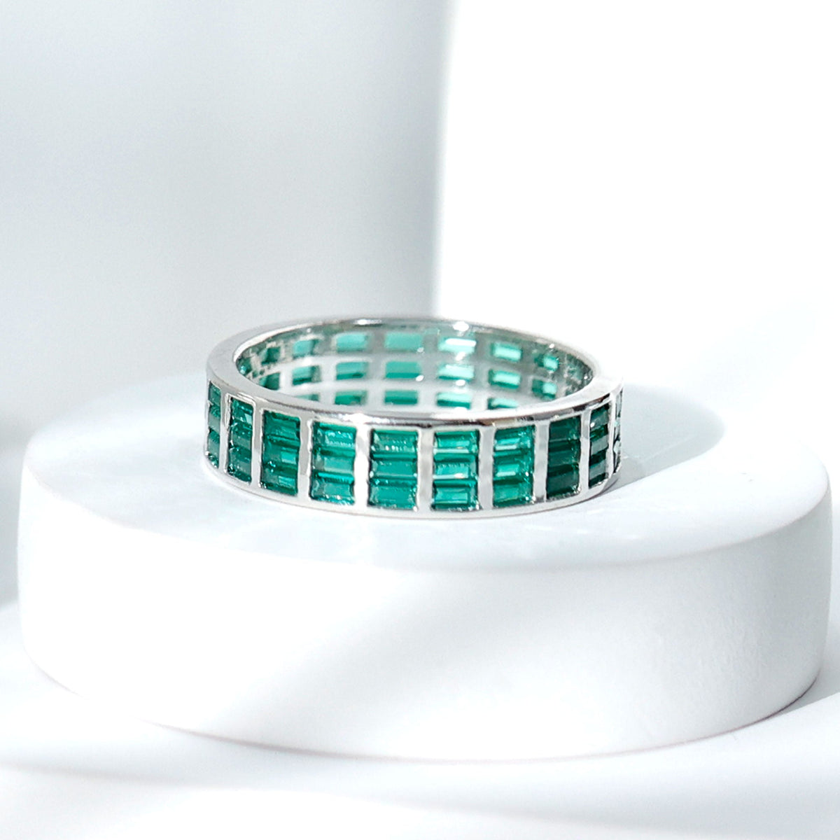 Baguette Cut Lab Grown Emerald 3 Row Eternity Band