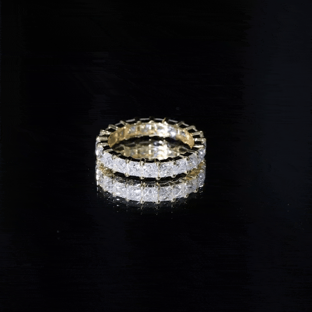 Yellow gold princess cut certified moissanite full eternity ring by Rosec Jewels featuring sparkling gemstones around the band.