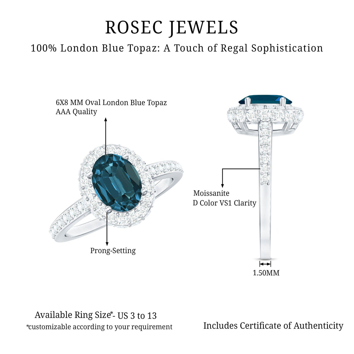Genuine London Blue Topaz Classic Engagement Ring with Moissanite Halo