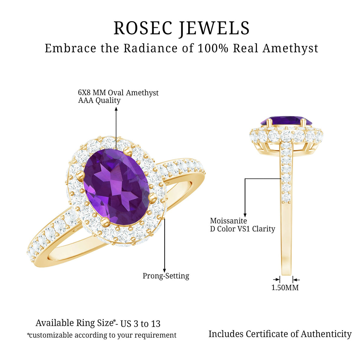 Natural 1 Carat Amethyst Oval Engagement Ring with Moissanite Halo